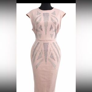 ASOS Blush Pink Studded Art Deco Bodycon Midi Dress Glam Cocktail US 12